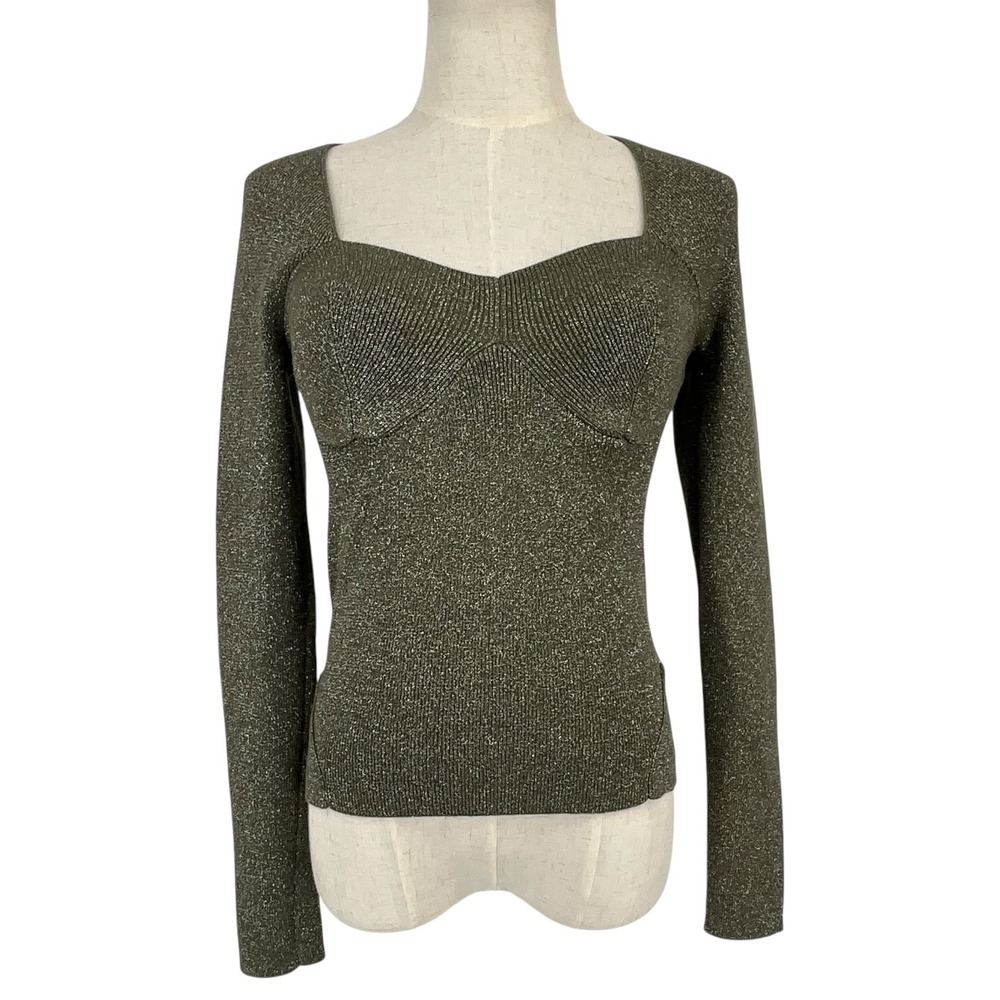 House of Harlow 1960 Metallic Sweetheart Bustier Knit Top Olive Silver M Goth
